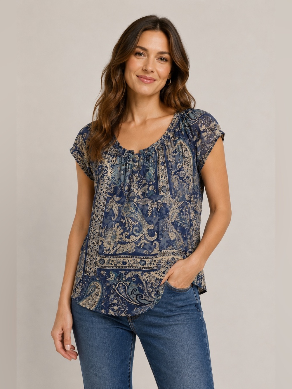 Chaps Blue and Beige Paisley Knit Top Size Large
